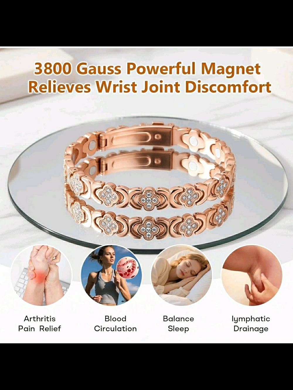 Rose Gold Infinity Crystal Floral Copper Magnetic Bracelet - Women Jewelry